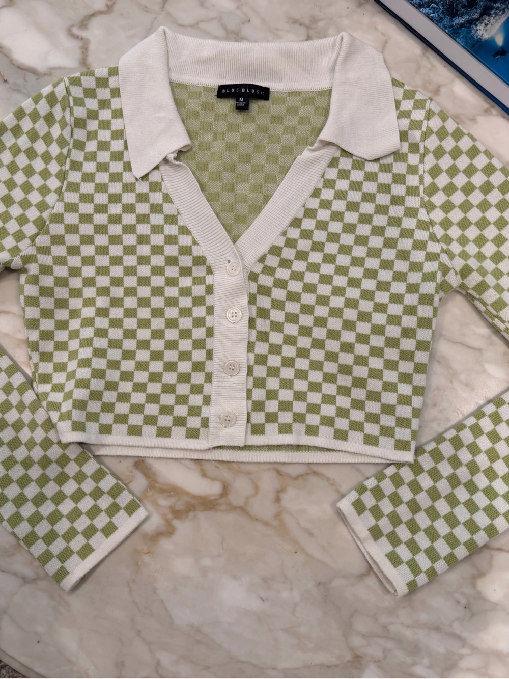 Blue Blush skate girl Light Green Check crop cardigan  Sweater M
